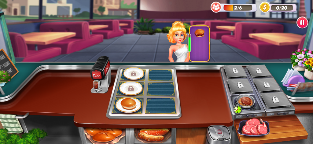 Cooking Games - Food Games - Una pantalla de simulación de cocina en 3D con un mostrador de cocina y un cliente pidiendo una hamburguesa.