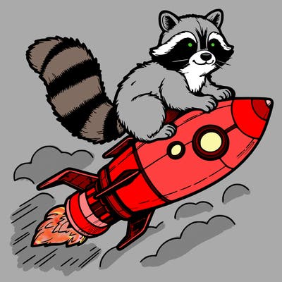 realistic raccoon flying on top rocket ship