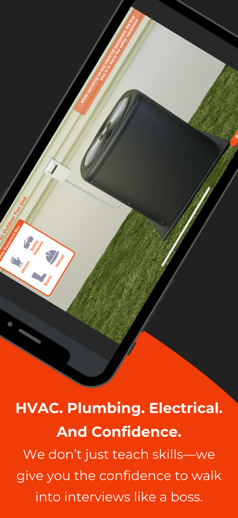 SkillCat: EPA 608, HVAC & more - SkillCat app screenshot showing a 3D HVAC simulation and a safety equipment checklist for trade workers.