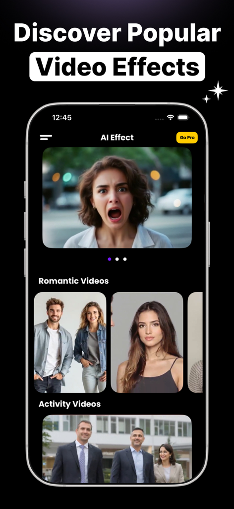AI Dance Studio : Reelverse - Mobile app interface of AI Dance Studio Reelverse showcasing popular video effects and categories like romantic and activity videos.