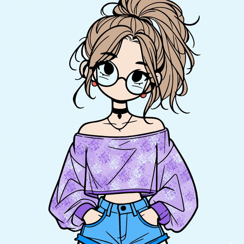 girl with a messy ponytail glasses a baggy crop top and jean shorts