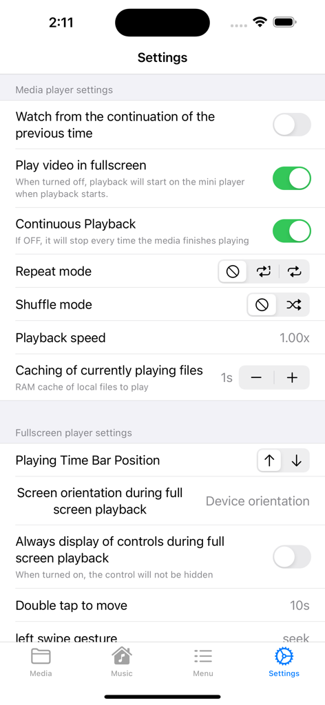 WMDPlayer - Schnittstelle der WMDPlayer-App-Einstellungen, die Konfigurationen des Mediaplayers und Wiedergabesteuerungsoptionen anzeigt.