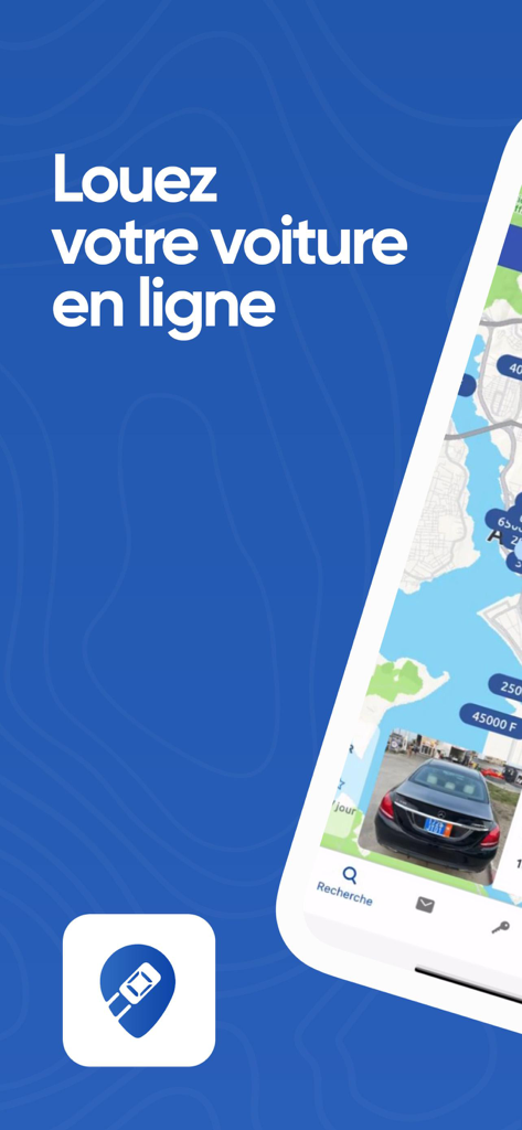 Interfaccia dell'app mobile Monbolide che mostra una mappa di noleggio auto con veicoli disponibili e opzioni di prenotazione online in francese