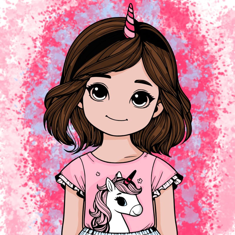 realistic 5 year old girl with a unicorn shirt