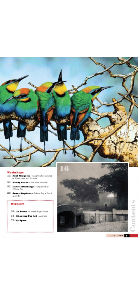 Creative Artist - Une page du magazine Creative Artist montrant la table des matières avec des sections pour les ateliers et les rubriques photographie.