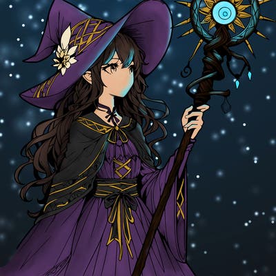 a realistic fantasy manga witch with a staff