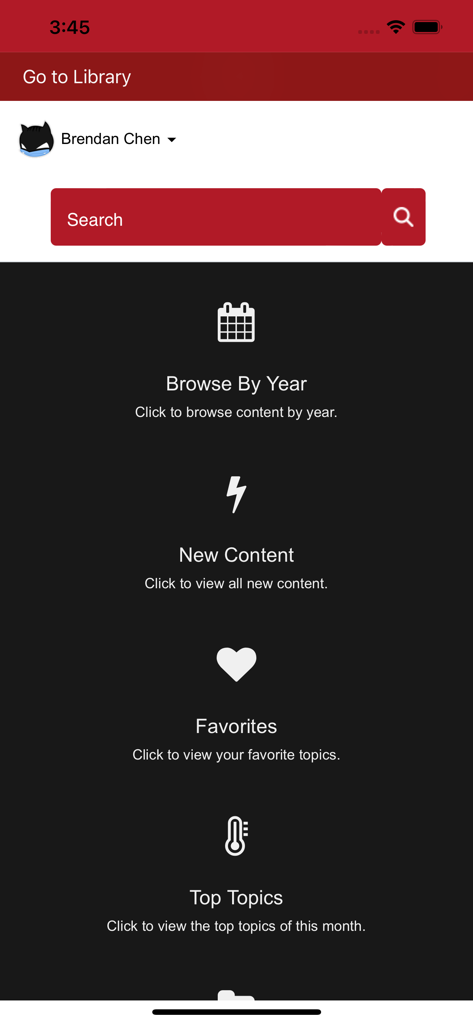 CMES - Menu de navegação da biblioteca do aplicativo CMES para profissionais médicos, apresentando categorias de busca e navegação.