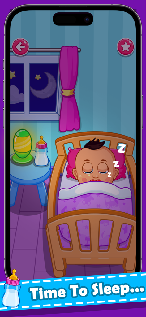 Baby Care Games. Kids Daycare - A cartoon baby character sleeping in a crib in the baby care and kids daycare game