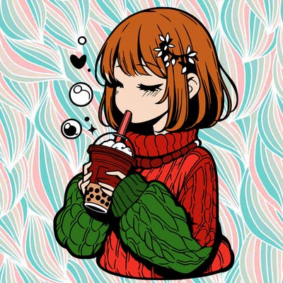 manga girl drinking boba in cozy sweater