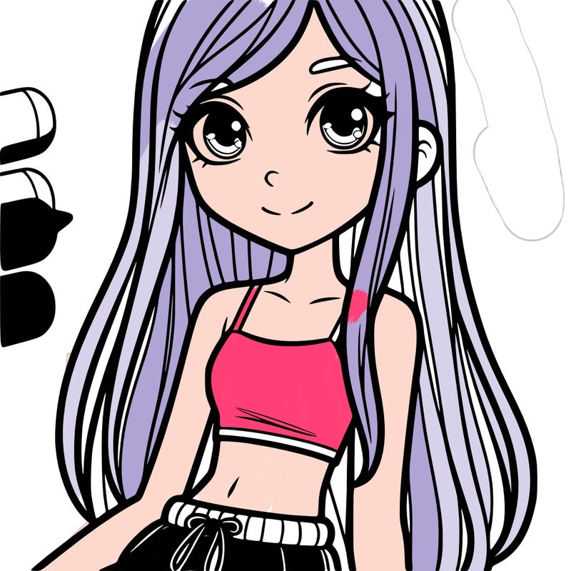 a young teenage girl with long strait hair that comes down to her mid spine, cute eyes and, short top with track pants