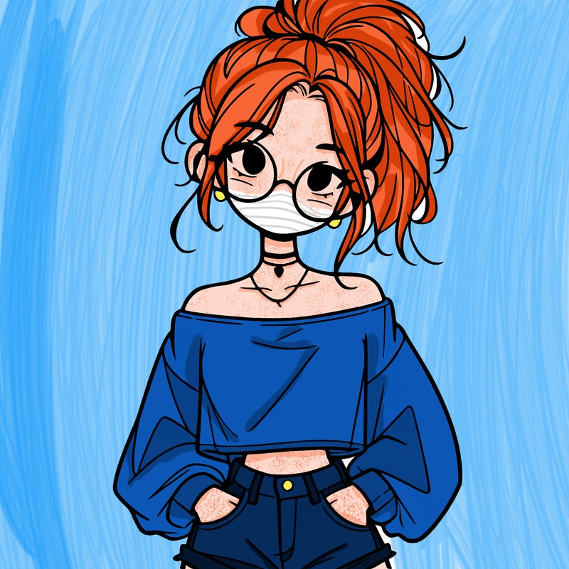 girl with a messy ponytail glasses a baggy crop top and jean shorts