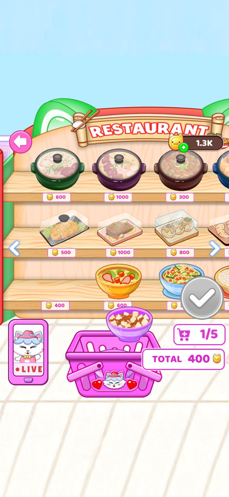 Jelly Yum Run Eating ASMR Game - 様々な食品とショッピングバスケットが載ったゲーム内レストランメニュー