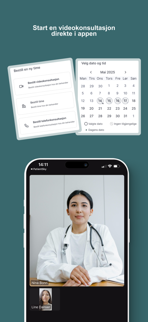 PatientSky - PatientSky app interface showing video consultation booking options and a live video call with a doctor