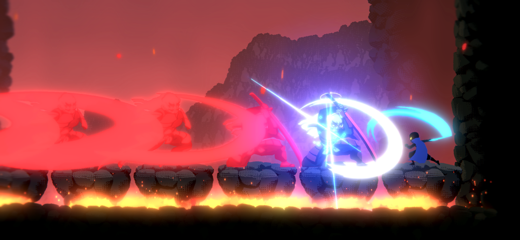 Un héroe con capa azul lucha contra múltiples enemigos brillantes con cortes de espada en un oscuro entorno post-apocalíptico.