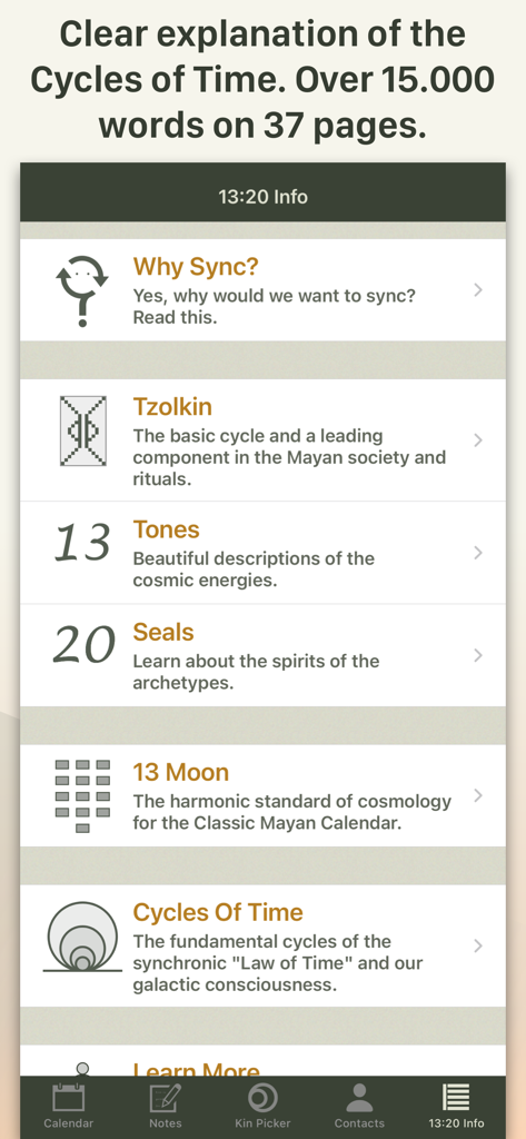 13:20:Sync - Information menu of the 13-20-Sync app showing educational sections about the Mayan calendar and cycles of time