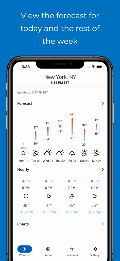 SimpleWeather - A weather app - Minimalist weather app interface showing daily and hourly forecasts for New York with temperature ranges and weather icons.
