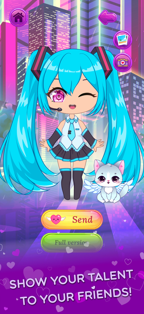 Chibi Dress Up Beauty Salon - Um personagem chibi de cabelo azul com um gato em um cenário de cidade futurista