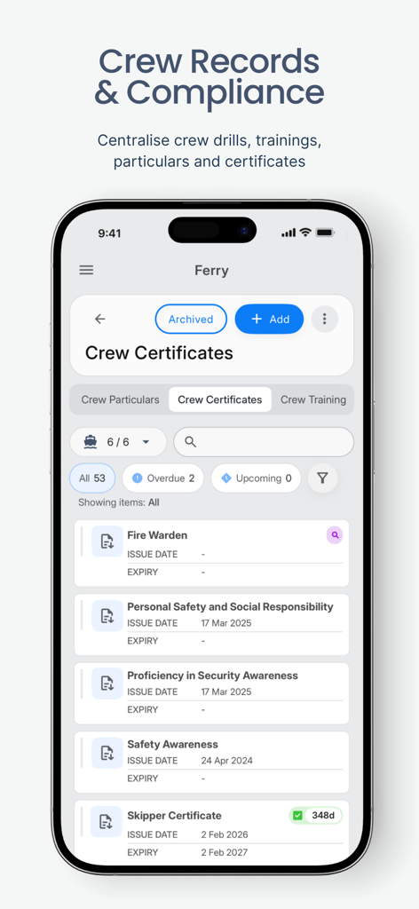Sea-Flux - Interface de l'application Sea-Flux pour la gestion des certificats d'équipage maritime et la conformité de la formation.