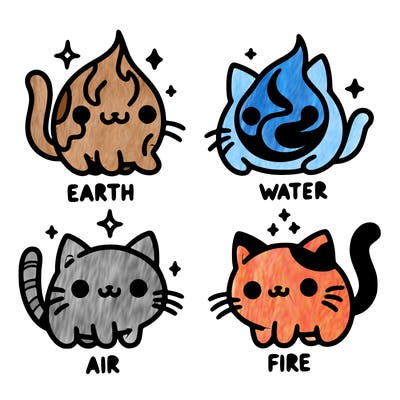 4 cats that represent the different elements, earth, water, air, and fire