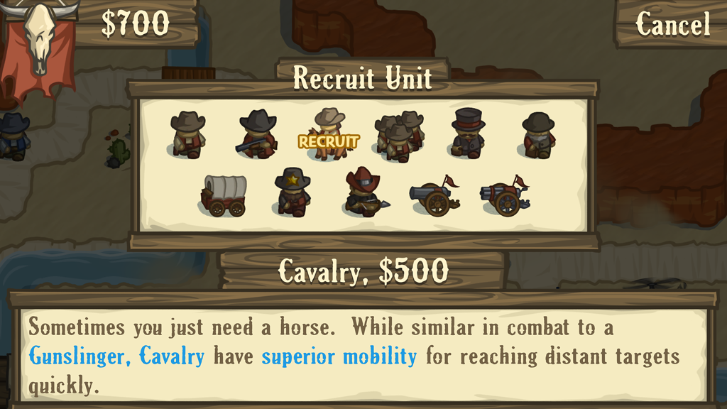 The recruit unit menu in Lost Frontier showing various wild west units like cavalry and gunslingers with a description of the cavalry unit