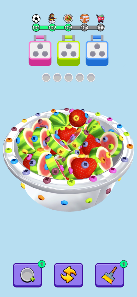 Gameplay screenshot of Screw Guru featuring fruit slices and colored screws in a bowl