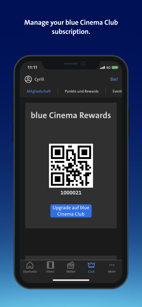 Swisscom blue Cinemaの特典スクリーン。クラブメンバー用のQRコードが表示されています。