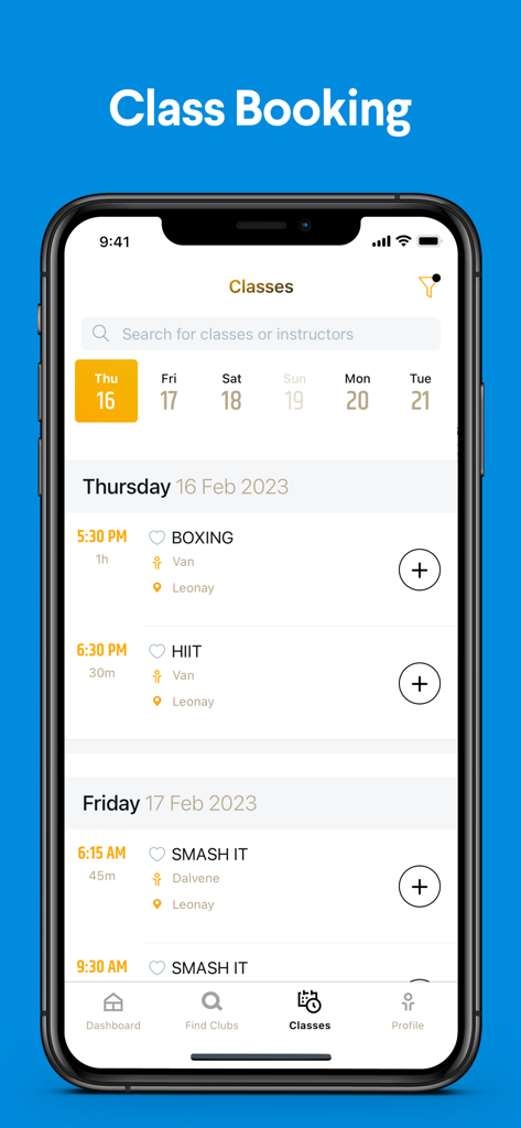 NDHCフィットネスアプリのクラス予約画面。ボクシングやHIITクラスのスケジュールが表示されています。