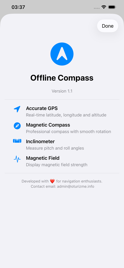 Offline Compass - Interface of the Offline Compass app showing features like Accurate GPS and Magnetic Compass.