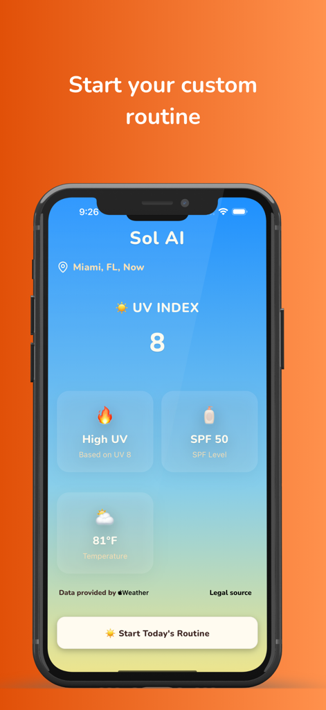 Sol AI: UV Index & Tanning - Sol AI app screen showing a UV index of 8 and a button to start a custom tanning routine