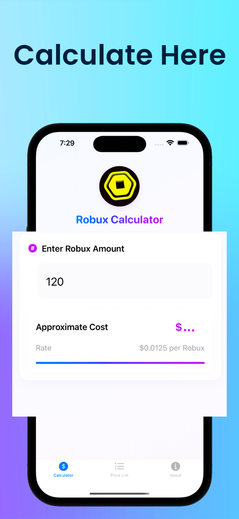 Interface of the Robux Calculator app showing a conversion tool from Robux to USD