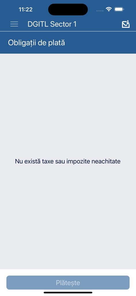 Schermata dell'app mobile DGITL Settore 1 che mostra un messaggio indicante l'assenza di tasse non pagate.