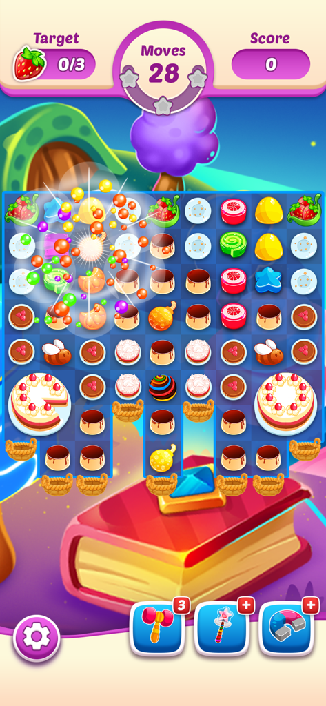 Gameplay screenshot of Jelly Juice showing a match 3 puzzle board with desserts and special candy explosions