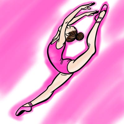 gymnast doing a leap in a leotard with a bent back leg