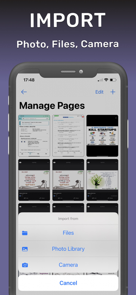 PDF Pages: Add, Delete, Export - PDF Pagesアプリのインターフェース。ファイル、フォトライブラリ、カメラのオプションが表示されたインポートメニューを示しています。