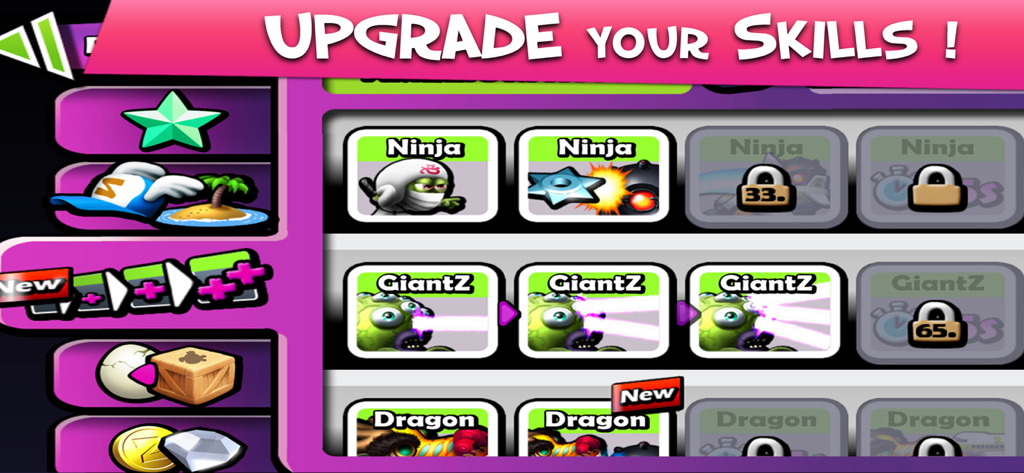 Zombie Tsunami - 닌자와 자이언트Z 파워업이 특징인 좀비 쓰나미 업그레이드 스킬 화면