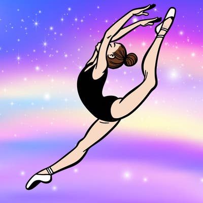 gymnast doing a leap in a leotard with a bent back leg