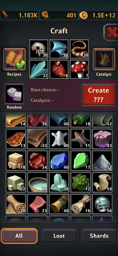 インベントリアイテムとモンスター素材を示すDungeon Crusher AFK Heroesのクラフトインターフェース