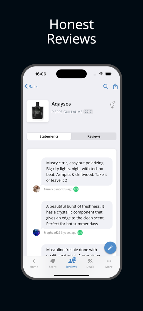 Parfumo app interface displaying honest reviews and community ratings for a specific perfume.