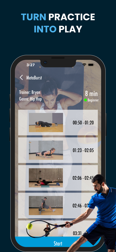 Tennis Trainings Coaching - Interface of the tennis training app showing a list of fitness workout videos