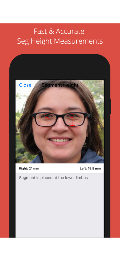Screenshot of PD plus app showing accurate segment height measurement for progressive lenses