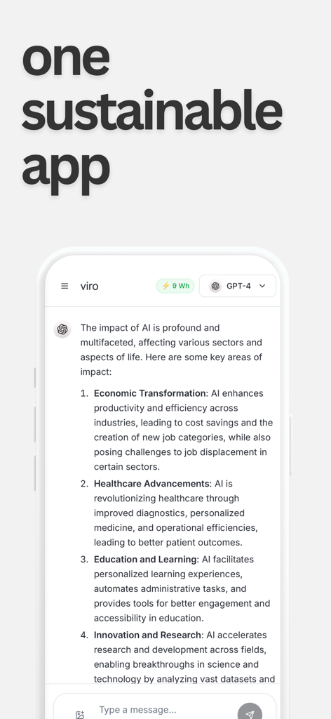 Viro - Eco-Friendly AI - Tela de smartphone exibindo a interface de chat Viro AI com o título um aplicativo sustentável