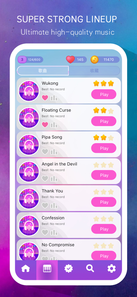 Music Tiles - Magic Piano Game - Pantalla de selección de canciones de Music Tiles Magic Piano Game con una lista de pistas de música actuales y botones de reproducción