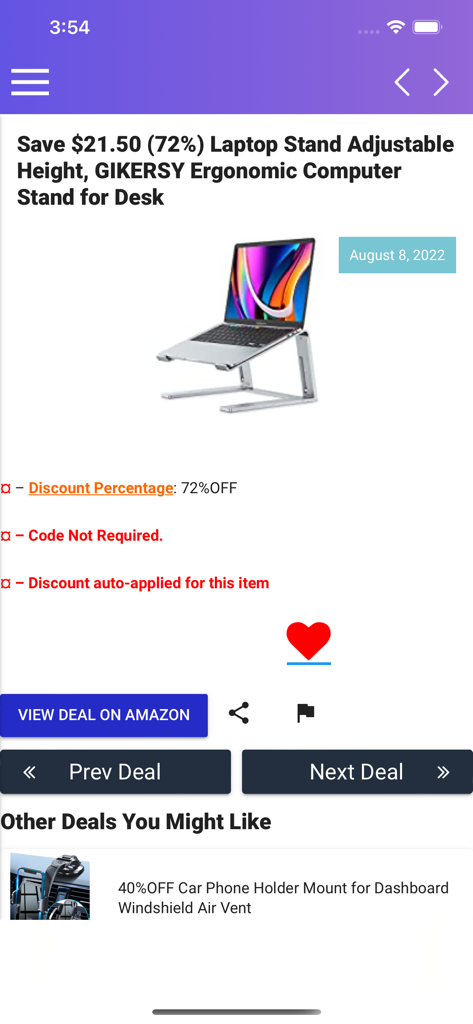 Coupons For Shopping Online - Screenshot der mobilen App, der einen Rabatt von 72 Prozent auf einen verstellbaren Laptopständer für Amazon zeigt