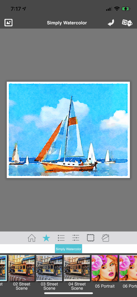 Une peinture aquarelle numérique d'un voilier en mer créée à partir d'une photo à l'aide de l'interface de l'application Simply Watercolor.