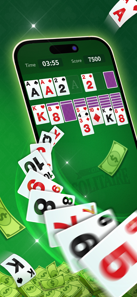 Solitaire Lucky Win Cash - Un smartphone mostrando un juego de solitario con cartas animadas y billetes flotando sobre un fondo verde.