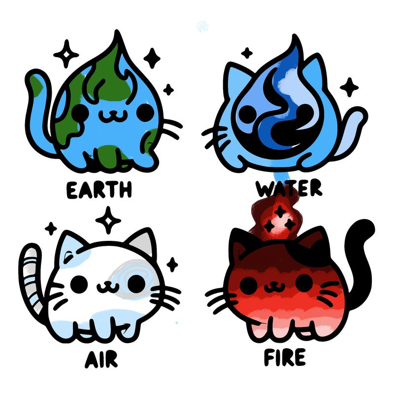 4 cats that represent the different elements, earth, water, air, and fire