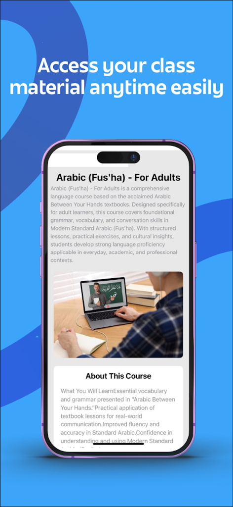 Studio Arabiya app interface showing an Arabic language course for adults and class material access.