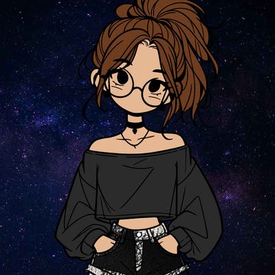 girl with a messy ponytail glasses a baggy crop top and jean shorts