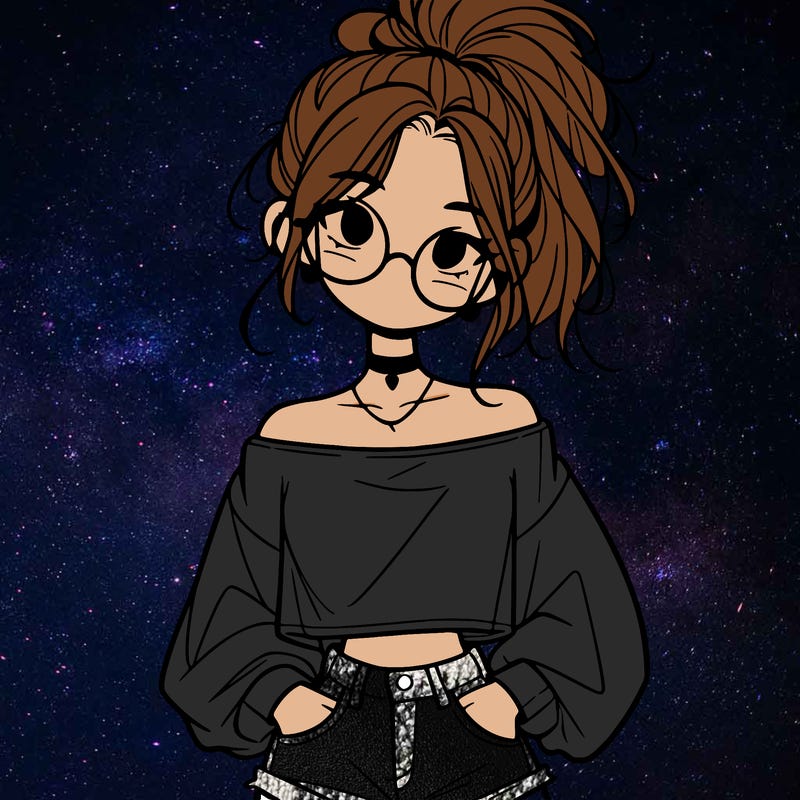 girl with a messy ponytail glasses a baggy crop top and jean shorts