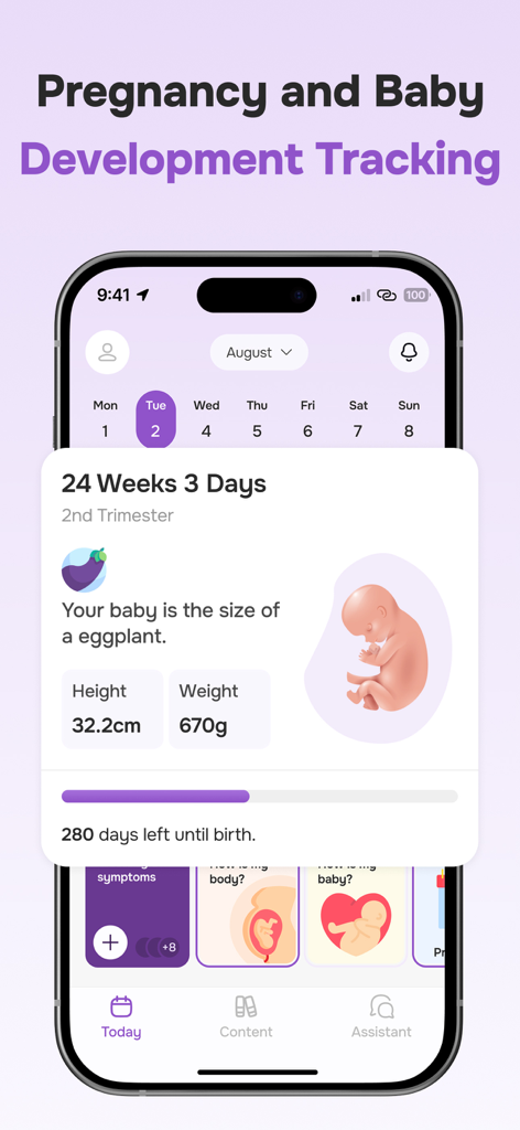 Pregnancy + Baby Tracker App - Screenshot of Clovy app showing a 24-week pregnancy update with baby size comparison to an eggplant and fetal growth statistics